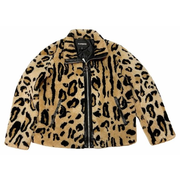 NWT EXPRESS Faux Fur Jacket LARGE Animal Print Browns Full Zip Pockets - Picture 2 of 6
